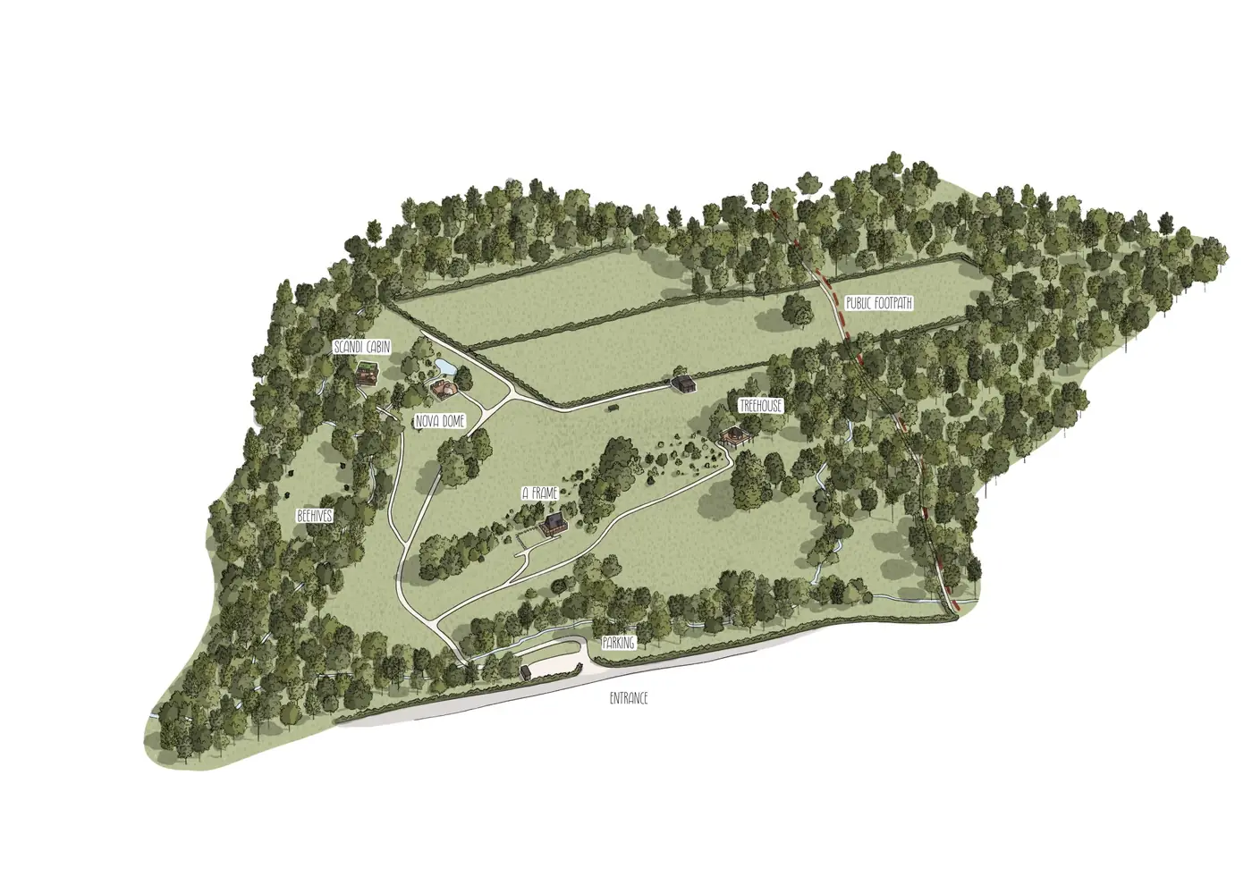 Illustrated map of The Fold's 18 acres showing woodland and the cabin locations
